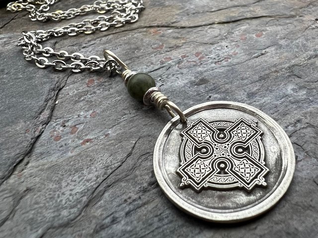 Celtic Cross, Sterling Silver Charm, Connemara Marble, Irish Celtic, Leather & Vegan Cords, Stainless Steel Chain, Silver Cross Necklace