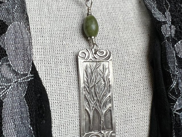 Two Trees Pendant, Sterling Silver, Connemara Marble, Long Skinny Tree Necklace, Intertwined Trees, Irish Celtic Spirals, Tree Branches