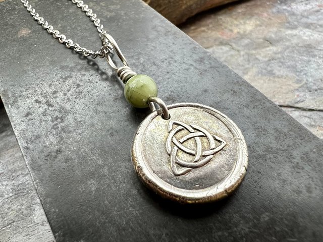 Trinity Knot, Triquetra, Sterling Silver, Wax Seal Charm, Connemara Marble, Irish Celtic Jewelry, Leather & Vegan Cords, Triple Goddess