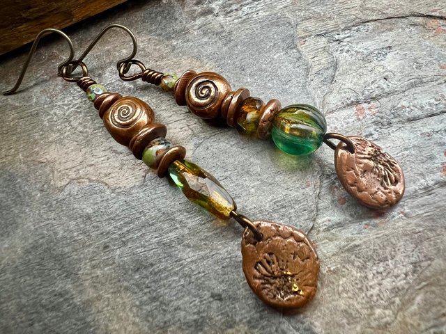 Stacked Cairn Earrings, Copper Spirals, Coral Fossil Texture, Czech Glass Beads, Hypoallergenic Ear Wires, Earthy Primitive, Arty Mismatched