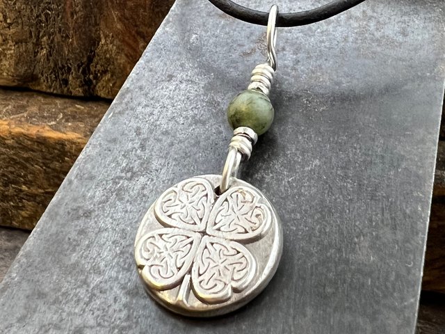 Four Leaf Clover, Sterling Silver, Wax Seal Charm, Connemara Marble, Irish Celtic Jewelry, Pagan Celtic Witch, 4 Leaf, Luck of the Irish