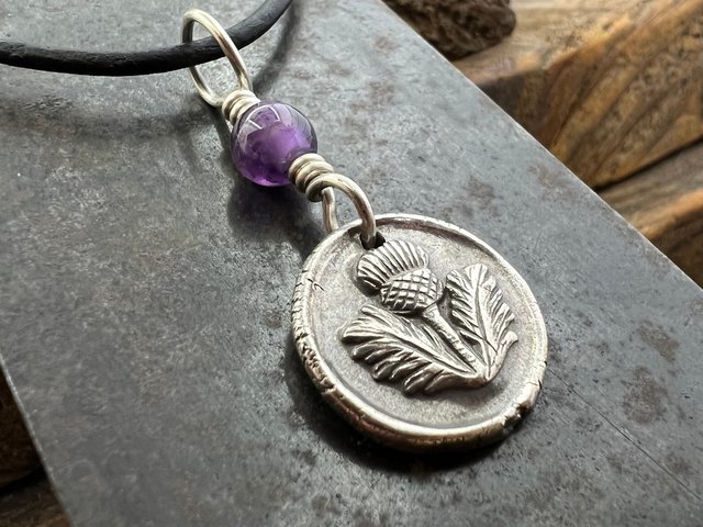 Thistle of Scotland, Sterling Silver, Wax Seal Charm, Scottish Jewelry, Highlander, Scottish Thistle, Amethyst, Outlander Gift, Spirals