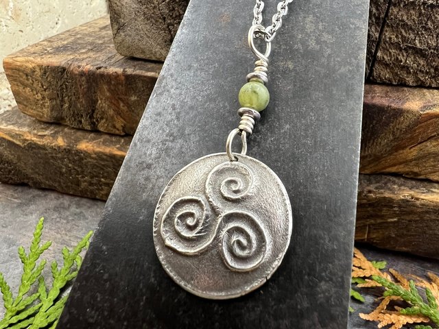 Sterling Silver Triskele Pendant, Triskelion Triple Spiral, Connemara Marble, Irish Celtic Jewelry, Pagan Art, Leather & Vegan Cords, Chains