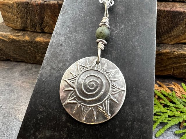 Celtic Sun Spiral, Sterling Silver Charm, Connemara Marble, Irish Celtic Jewelry, Domed Sun Necklace, Leather & Vegan Cords, Handmade Art