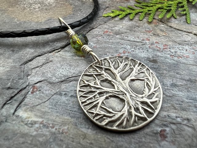 Celtic Tree of Life Pendant, Sterling Silver, Green Czech Glass, Sacred Celtic Tree, Irish Celtic Spirals, Druid Dryad, Crann Bethadh, Witch