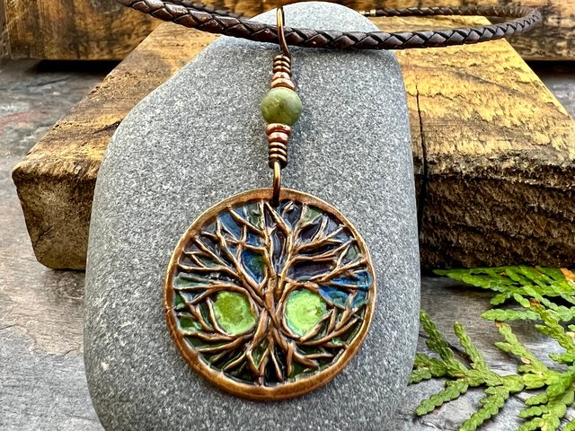 Celtic Tree of Life, Copper Pendant, Colorful Patina, Connemara Marble, Irish Celtic Spirals, Celtic Witch Goddess, Boho, Earthy Art Jewelry