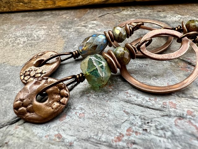 Copper Hoop & Donut Earrings, Stacked Cairns, Fossil Texture, Czech Glass Beads, Hypoallergenic Ear Wires, Earthy, Arty Mismatched Earrings