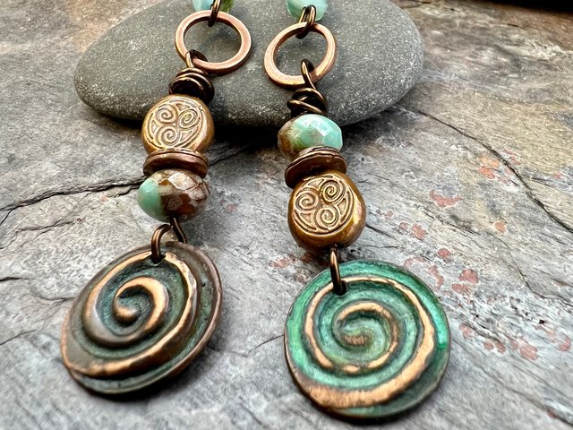 Copper Patina Spiral Earrings, Stacked Cairns, Spiral Beads, Czech Glass Beads, Hypoallergenic Ear Wires, Earthy, Arty Mismatched Earrings
