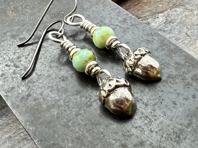 Acorn Sterling Silver Earrings, Hypoallergenic, Niobium Ear Wires, Czech Glass, Oak Tree Jewelry, Tiny Acorns, Druid, Earthy Woodland Gifts