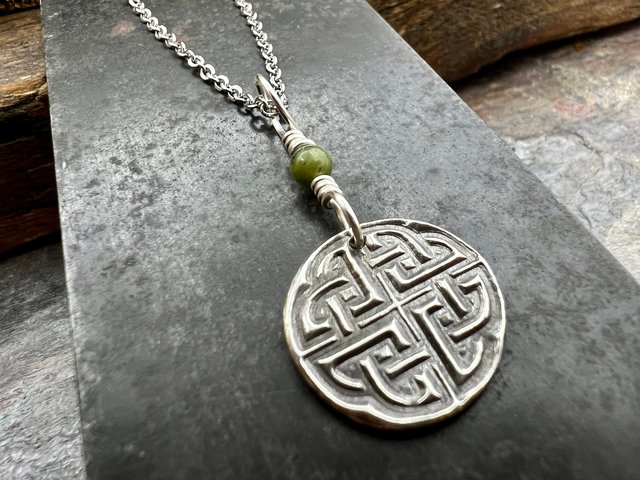 Sterling Silver, Celtic Knot Wax Seal Charm, Connemara Marble, Irish Celtic Jewelry, Pagan Art, Leather & Vegan Cords, Stainless Chains