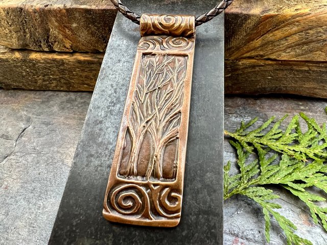 Two Trees Copper Pendant, Irish Celtic Spirals, Hand Carved, Intertwined in Love, 7th Anniversary, Leather & Vegan Cords, Long Tree Necklace