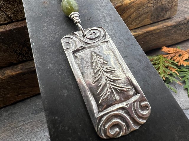 Pine Tree Pendant, Sterling Silver, Connemara Marble, Evergreen Necklace, Pine Cedar Fir, Irish Celtic Spirals, Tree Branches, Handmade Art