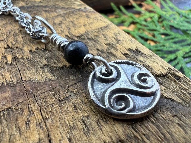 Triskele, Sterling Silver, Wax Seal Charm, Kilkenny Black Marble, Irish Celtic Jewelry, Pagan Art, Leather & Vegan Cords, Stainless Chains