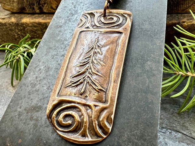 Pine Tree, Copper Pendant, Celtic Spirals, Connemara Marble, Evergreen Trees, Earthy Rustic Art Jewelry, Hand Carved, Tree of Life, Pagan