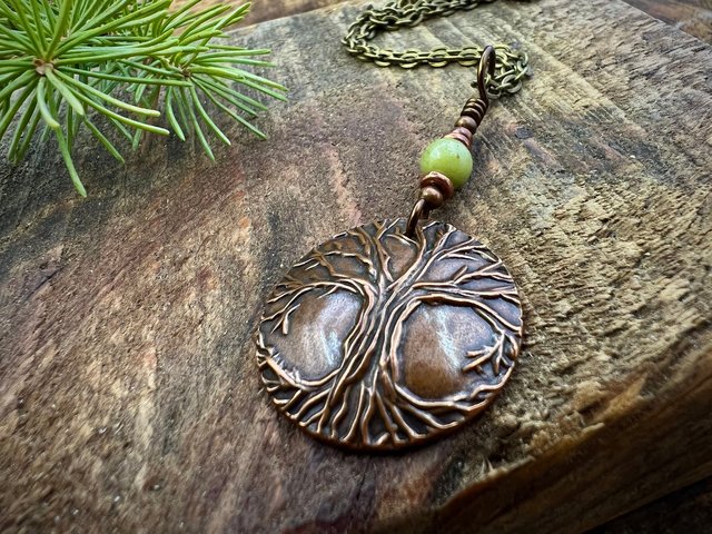 Celtic Tree of Life, Copper Pendant, Connemara Marble, Irish Celtic Spirals, Round Tree of Life, Crann Bethadh, Soul Harbor Jewelry, Artwork