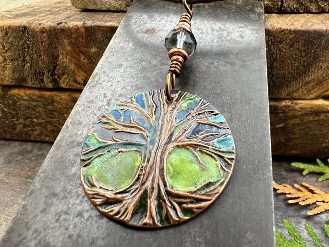 Tree of Life Pendant, Colorful Patina, Czech Glass Bead, Hand Carved, Irish Celtic Spirals, Celtic Witch Goddess, Ancient Earthy Jewelry
