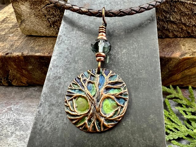 Celtic Tree of Life, Copper Pendant, Colorful Patina, Czech Glass, Irish Celtic Spirals, Celtic Witch Goddess, Earthy Rustic Art Jewelry