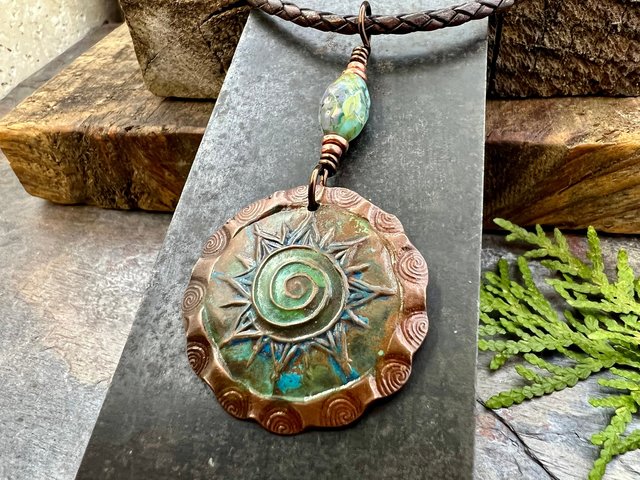 Celtic Sun Spiral Necklace, Copper Charm, Irish Celtic Spirals, Patina Colors, Czech Glass, Leather & Vegan Cords, Earthy Rustic Art Jewelry