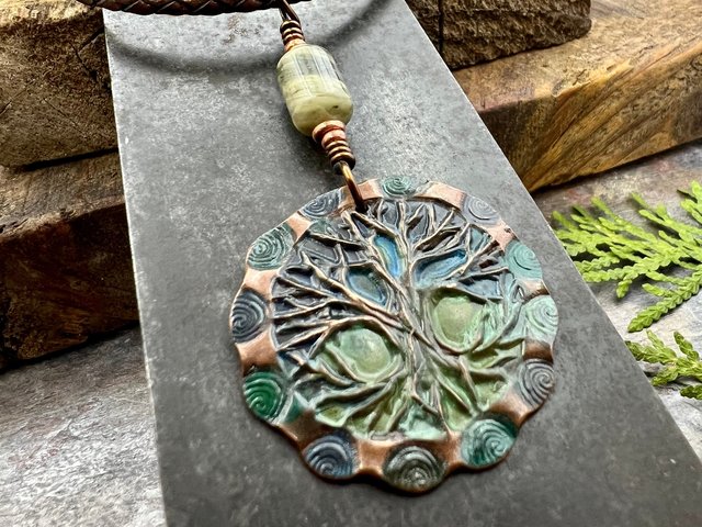 Tree of Life Pendant, Copper Colorful Patina, Connemara Marble, Hand Carved, Irish Celtic Spirals, Celtic Witch Goddess, Ancient Earthy Art