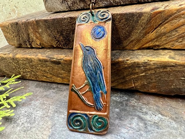 Raven Full Moon, Copper Pendant, Celtic Spirals, Colorful Patina, Czech Glass, Leather & Vegan Cords, Handmade Art Jewelry, Pagan Witch Gift