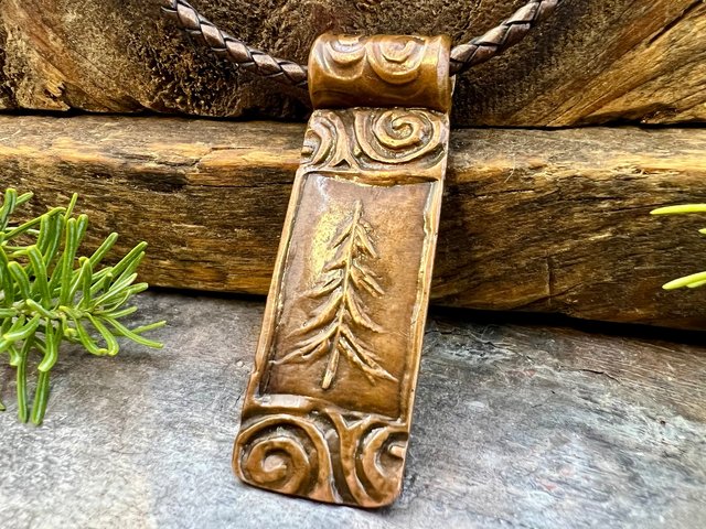 Pine Tree Pendant, Celtic Spirals, Copper Tree Necklace, Evergreen Coniferous Trees, Earthy Rustic Art Jewelry, Hand Carved, Tree of Life