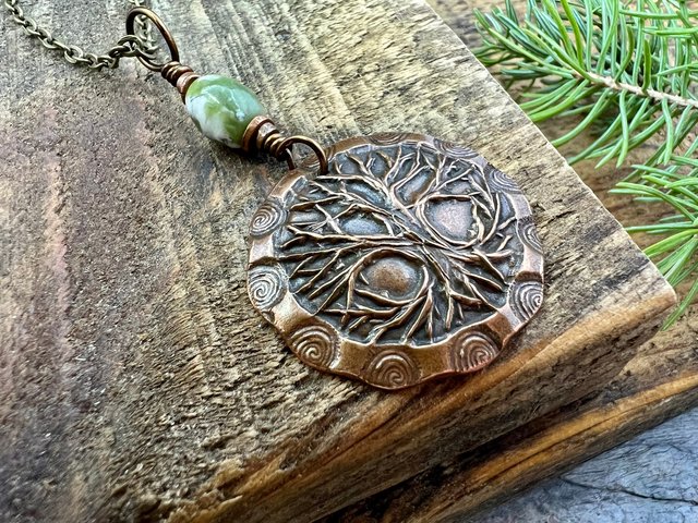 Celtic Tree of Life, Copper Pendant, Connemara Marble, Irish Celtic Jewelry, Crann Bethadh, 7th Wedding Anniversary, Hand Carved Art Jewelry