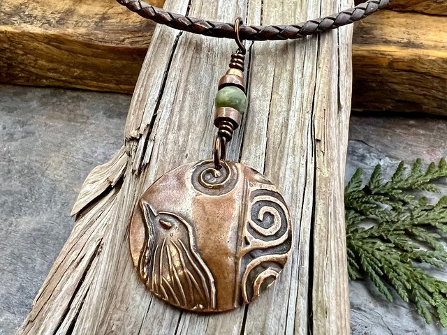 Copper Raven Pendant, Irish Celtic Jewelry, Connemara Marble, Pagan Wicca Necklace, Witch Necklace, Raven Moon, Anniversary Gifts, Spirals