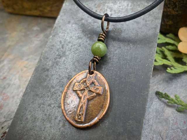 Copper Celtic Cross, Wax Seal Charm, Connemara Marble, Irish Celtic, Copper Cross Necklace, Leather & Vegan Cords, Handmade Art Jewelry