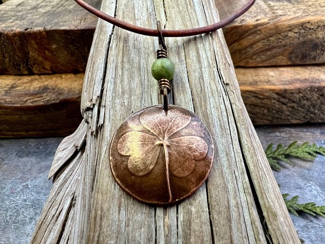 Shamrock Copper Pendant, Connemara Marble Necklace, Irish Celtic Spirals, Irish Clover, Leather Vegan Cords, Handmade in Door County WI