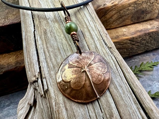 Shamrock Copper Pendant, Connemara Marble Necklace, Irish Celtic Spirals, Irish Clover, Leather Vegan Cords, Handmade in Door County WI