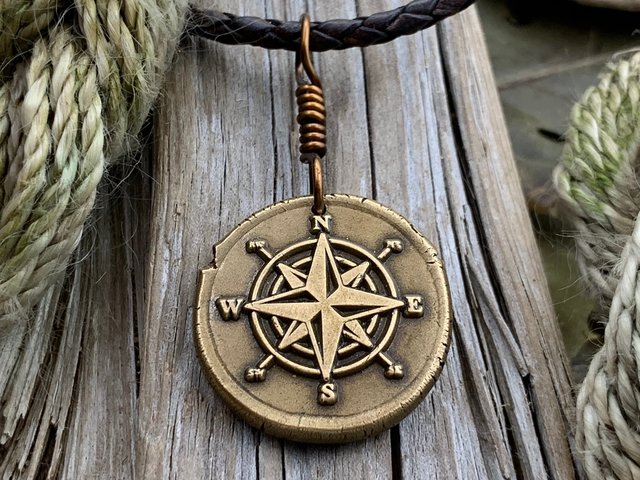 Compass Rose Charm, Bronze Compass Necklace, Nautical Sailing Gifts, Protection Guidance Talisman, Men's Jewelry, Grad Gifts, Handmade Art