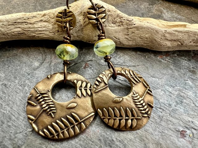 Bronze Hoops, Fern Earrings, Faceted Czech Glass, Hypoallergenic Ear Wires, Earthy Boho, Rustic Jewelry, Botanical, Two Sided Earrings