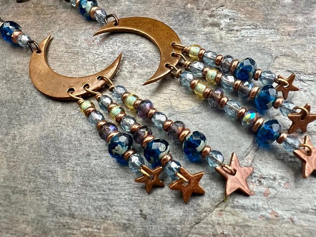 Crescent Moon & Stars, Copper Chandelier Earrings, Czech Glass Beads, Waxing Waning Moon, Moon Goddess, Pagan Wiccan, Celestial Jewelry