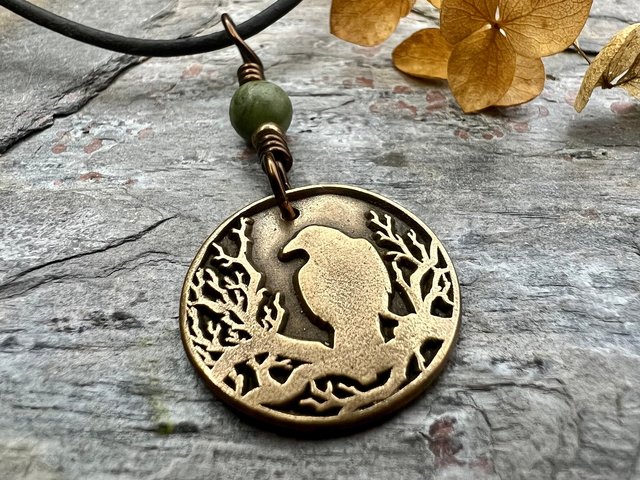 Raven Charm, Bronze Necklace, Tree Branch Bird, Connemara Marble, Irish Celtic Jewelry, Crow Blackbird, Disc Charm, Pagan Wicca Pendant