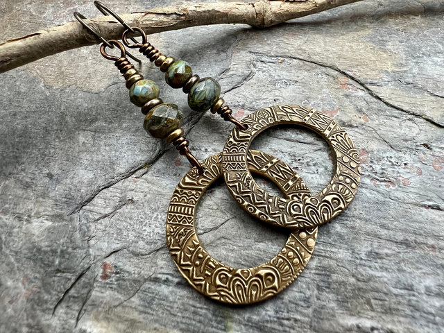 Bronze Hoop Earrings, Blue Green Czech Glass, Hypoallergenic Ear Wires, Earthy Boho Jewelry, Rustic, Tribal Textured, Dangle Drop Hoops