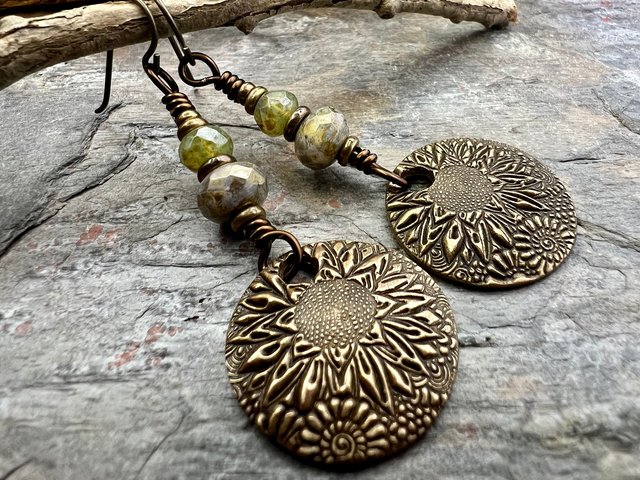 Sunflower Earrings, Bronze Discs, Czech Glass, Hypoallergenic Ear Wires, Boho Earthy, Rustic Organic Jewelry, Green Witch, Everyday Wear