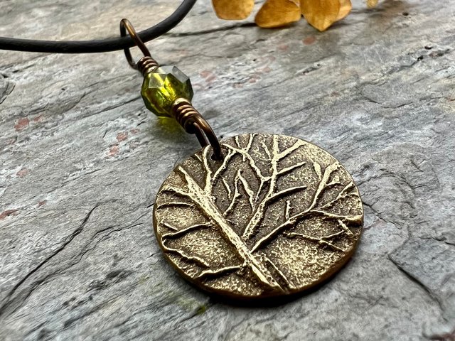 Tree of Life Charm, Bronze Necklace, Tree Branches, Czech Glass Bead, Disc Charm Pendant, Hand Carved, Celtic Witch, Pagan Druid, Earth Love