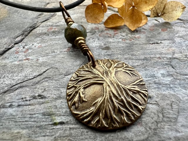 Tree of Life Charm, Bronze Necklace, Tree Branches, Czech Glass Bead, Disc Charm Pendant, Hand Carved, Celtic Witch, Pagan Druid, Earth Love