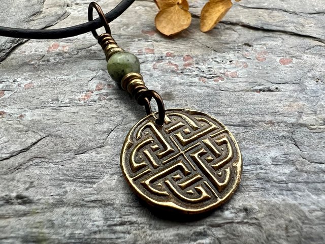 Celtic Knot Charm, Bronze Necklace, Wax Seal Charm, Connemara Marble, Irish Celtic Jewelry, Pagan, 8th Anniversary, Celtic Witch, Intertwine
