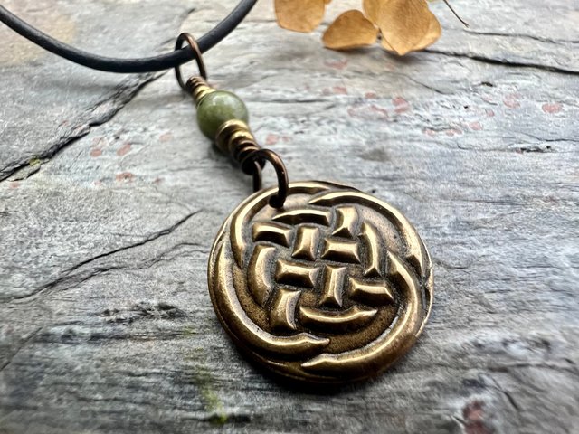 Celtic Knot Charm, Bronze Necklace, Wax Seal Charm, Connemara Marble, Irish Celtic Jewelry, Pagan, 8th Anniversary, Celtic Witch, Intertwine