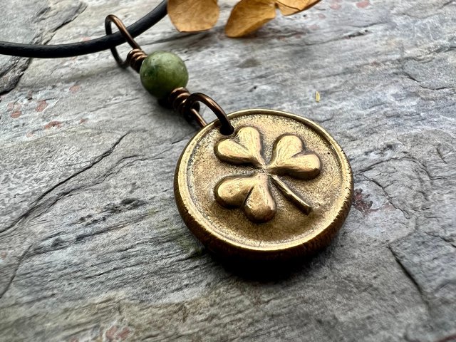 Shamrock Clover Charm, Bronze Wax Seal Charm, Connemara Marble, Irish Celtic Jewelry, Leather & Vegan Cords, Handmade, Soul Harbor Jewelry