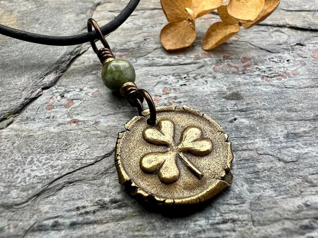 Shamrock Clover Charm, Bronze Wax Seal Charm, Connemara Marble, Irish Celtic Jewelry, Leather & Vegan Cords, Handmade, Soul Harbor Jewelry