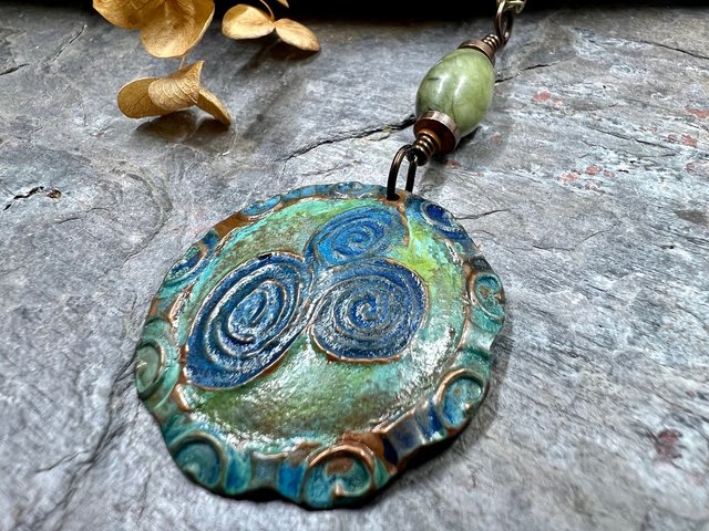 Newgrange Spirals, Copper Pendant, Connemara Marble, Triple Spiral, Irish Celtic Jewelry, Verdigris Patina, Blue Green Copper, Pagan Witch