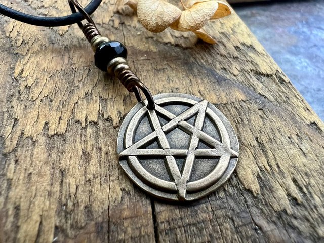Pentagram Bronze Charm, Pentacle Pendant, Black Crystal Bead, Leather & Vegan Cords, Pagan Wicca, 5 Elements Star, Handmade, Witchy Things