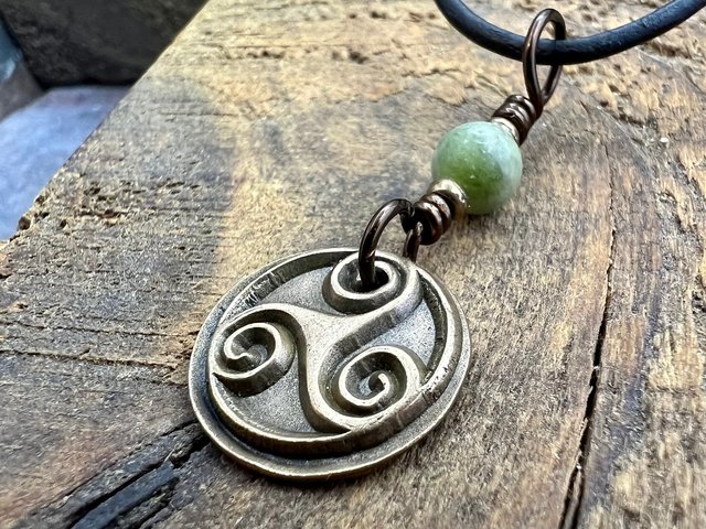 Triskele Charm, Bronze Necklace, Wax Seal Charm, Connemara Marble, Irish Celtic Pagan, 8 Anniversary, Celtic Witch, Triskelion Triple Spiral