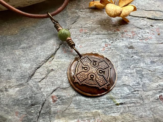 Copper Celtic Cross, Wax Seal Charm, Connemara Marble, Irish Celtic, Copper Cross Necklace, Leather & Vegan Cords, Handmade Art Jewelry