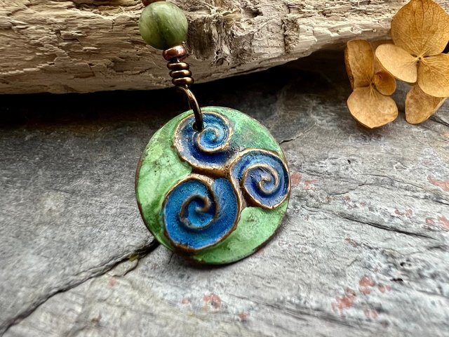 Triskele Pendant, Triskelion, Triple Spiral, Copper Patina, Irish Celtic Jewelry, Czech Glass Bead, Pagan Wicca, Triple Goddess Charm