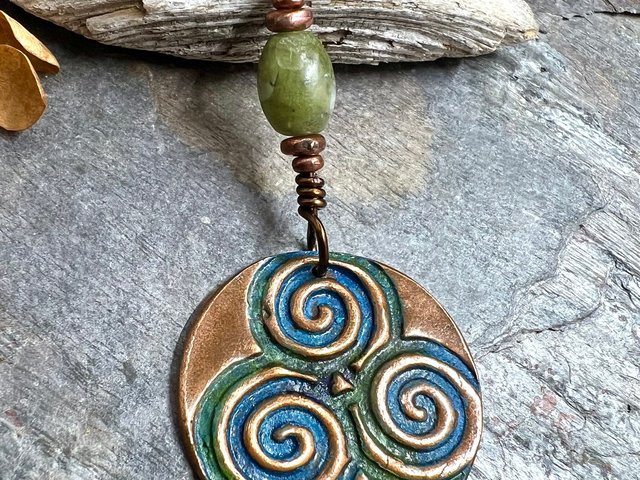 Triskele Copper Pendant, Verdigris Patina, Connemara Marble, Triskelion Triple Spiral, Irish Celtic Pagan, Newgrange Ireland, Celtic Witch