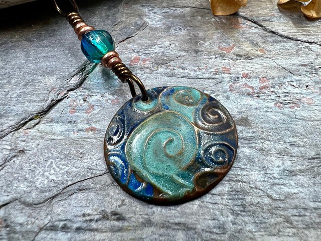 Celtic Spirals Pendant, Copper Patina, Irish Celtic, Pagan Wicca, Czech Glass, Witchy Earthy, Hand Carved, One of a Kind Art Jewelry
