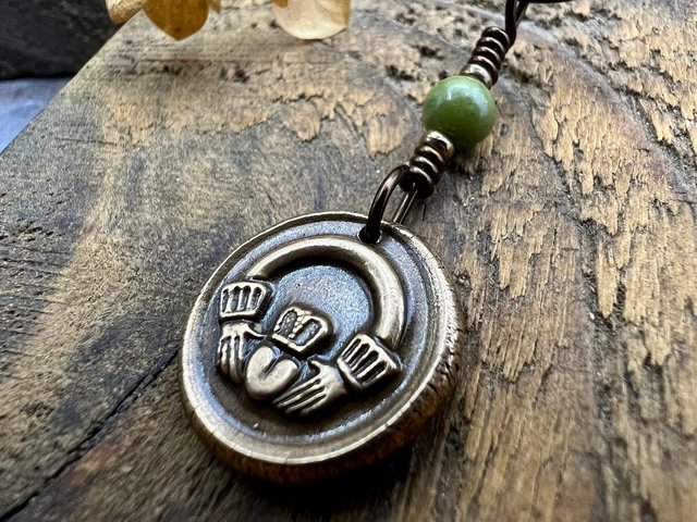 Bronze Claddagh Charm, Wax Seal Charm, Connemara Marble, Irish Celtic Jewelry, Pagan, 8th Anniversary, Love, Friendship, Loyalty, Handmade